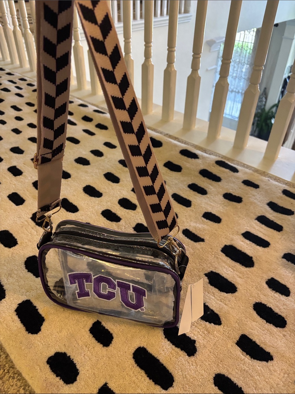 TCU Horned Frog Clear Crossbody Bag with Purple Trim and Patterned Strap